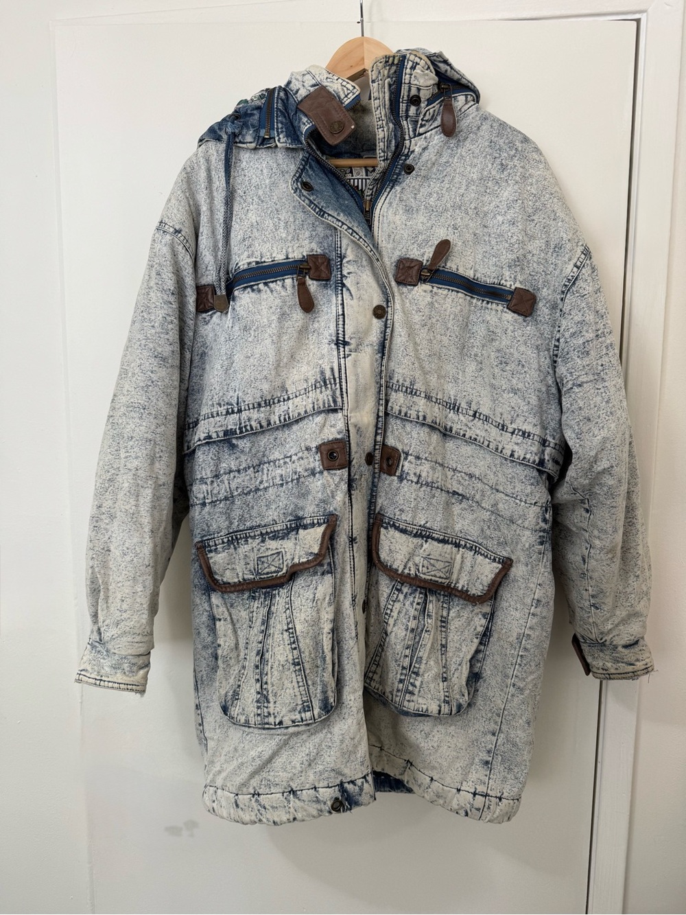 Vintage East West Acid Wash Denim Parka Jacket Hooded 80s Size M